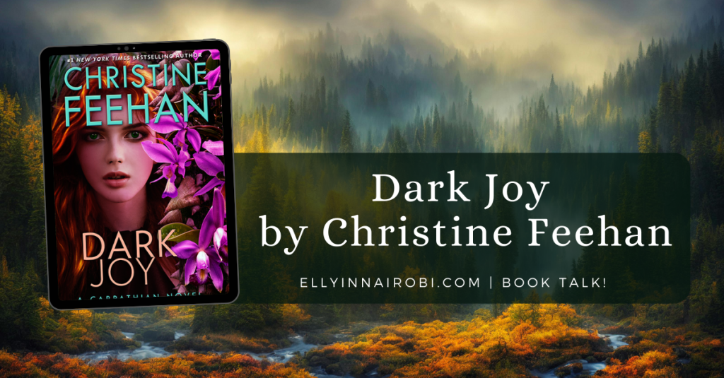 Dark Joy blog cover that has a forest landscape and the Dark joy book cover in a tablet frame.